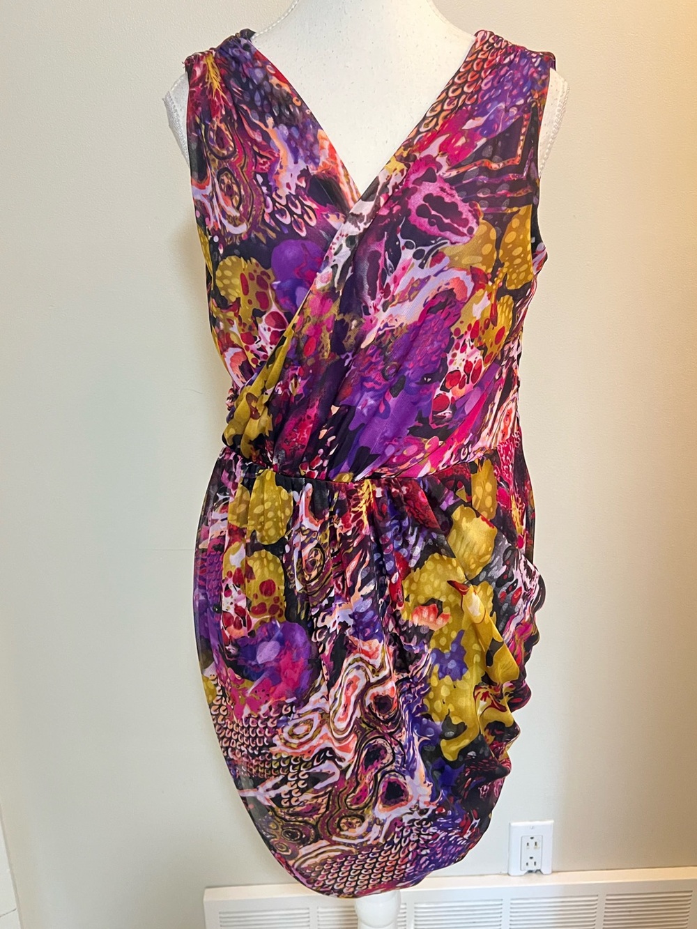 Nine West Vibrant Purple and Yellow Abstract Surplice Mini Dress
